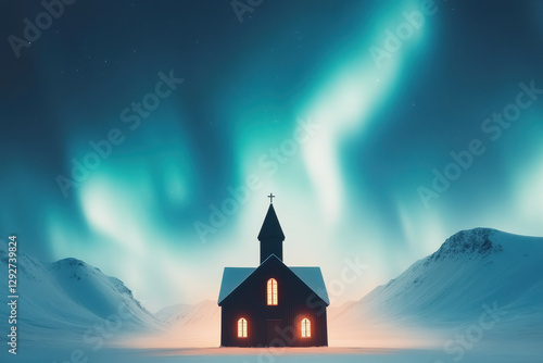 Church in snowy mountains illuminated by the northern lights under a starry sky