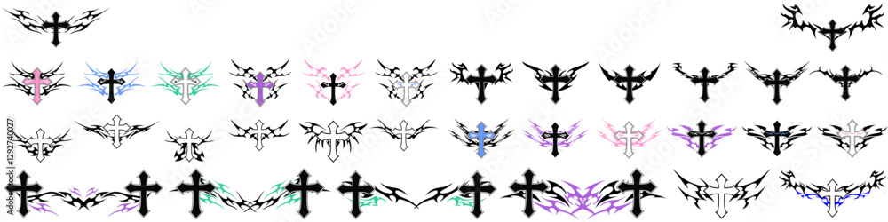 Christ cross with Neo tribal y2k gothic style tattoo Cyber sigilism spikes and sparks for streetwear print designs, spiky y2k aesthetic vector set Christ cross with Neo tribal y2k gothic style tattoo Cyber sigilism spikes and sparks for streetwear print designs, spiky y2k aesthetic vector set