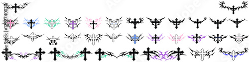 Christ cross with Neo tribal y2k gothic style tattoo Cyber sigilism spikes and sparks for streetwear print designs, spiky y2k aesthetic vector set