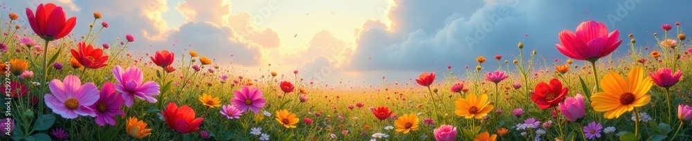 Obraz premium Wildflower explosion, vivid hues paint landscape , botany, plant, bloom