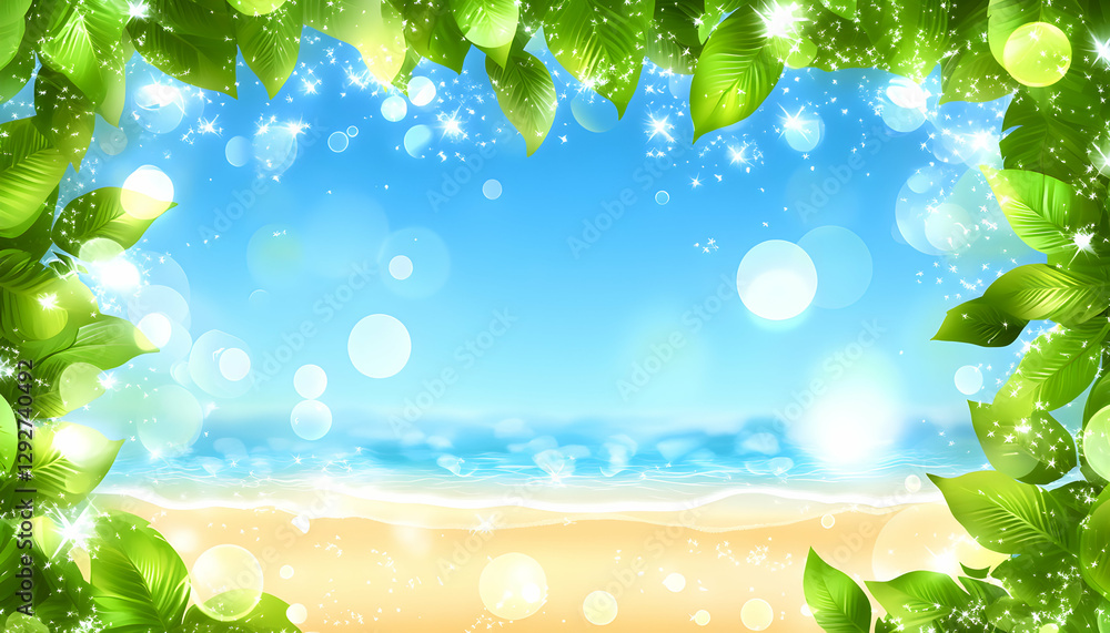 Idyllic summer beach scene framed by lush green leaves, sparkling with sunlight and bokeh effects, perfect for summer travel brochures or websites. Idyllic summer beach scene framed by lush green leaves, sparkling with sunlight and bokeh effects, perfect for summer travel brochures or websites.