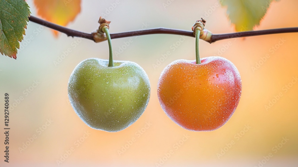 Two colorful cherries on branch, autumnal background Two colorful cherries on branch, autumnal background