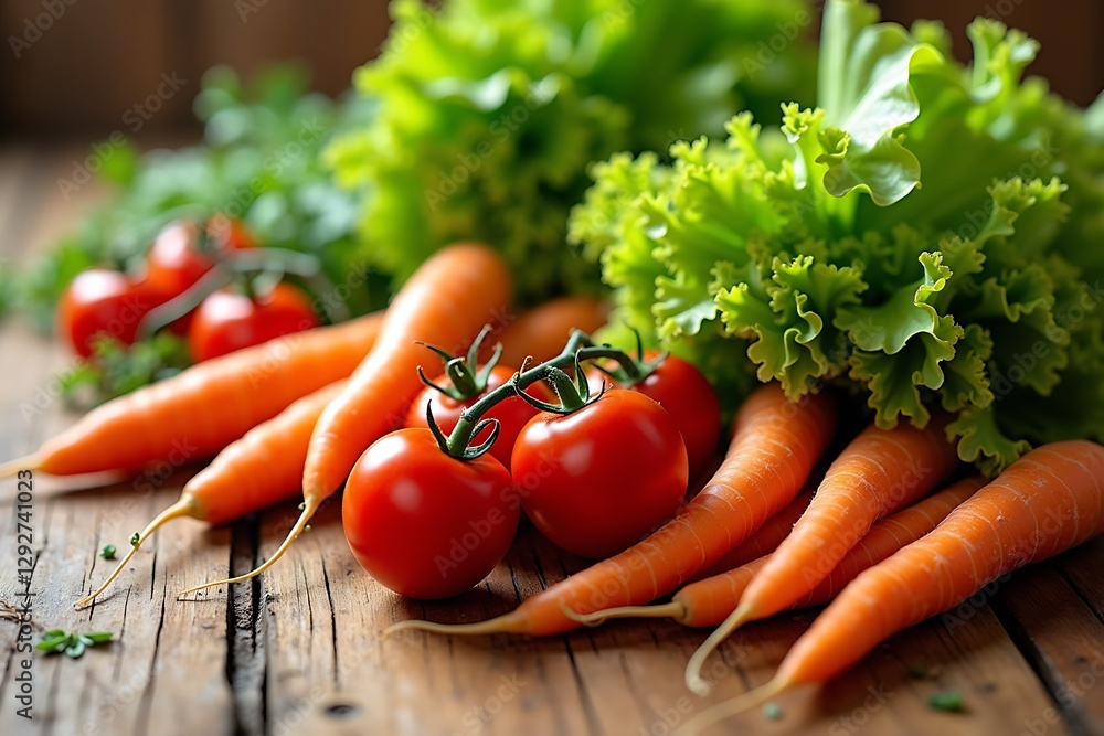 Assortment of fresh organic vegetables on rustic wooden table for grocery shopping and healthy cooking inspiration Assortment of fresh organic vegetables on rustic wooden table for grocery shopping and healthy cooking inspiration
