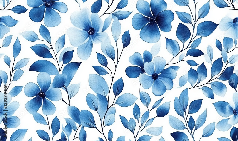 Fototapeta premium Seamless Watercolor Floral Pattern Blue Flowers and Leaves, White Background, Botanical Illustration, Textile Design, Indigo Watercolor Floral Pattern, Watercolor Design