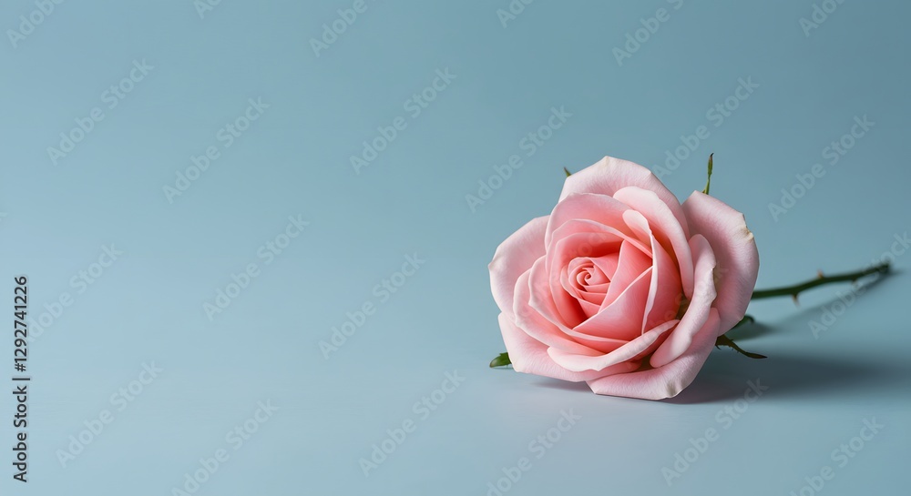 Fototapeta premium Delicate Pink Rose Blossom Lying Down on a Pastel Blue Background