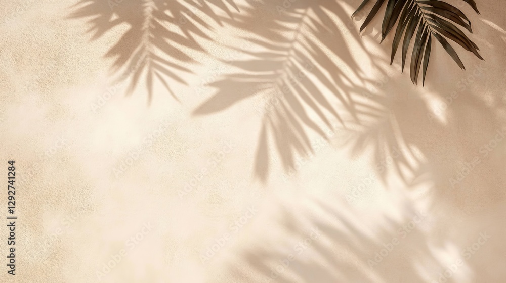 Palm Leaf Shadow on Beige Wall Minimalist Composition, Photography, Summer Concept Keywords shadow, overlay Palm Leaf Shadow on Beige Wall Minimalist Composition, Photography, Summer Concept Keywords shadow, overlay
