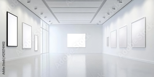 Wallpaper Mural Modern Minimalist Gallery Mockup Blank Frames, White Walls, Shiny Floor, Art Exhibition, Interior Design Gallery, Mockup Torontodigital.ca