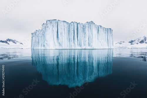 Massive iceberg wall reflecting in Arctic waters under an overcast sky