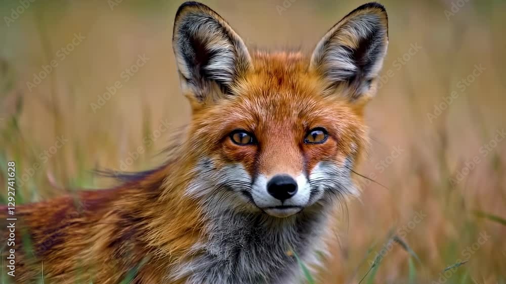 A curious red fox with piercing eyes looks directly at the camera, standing in a golden grassy field during daylight. A curious red fox with piercing eyes looks directly at the camera, standing in a golden grassy field during daylight.