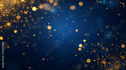 Golden Bokeh on Blue Abstract Background, Sparkling Dust, Festive Design, Digital Art Bokeh,Abstract Background