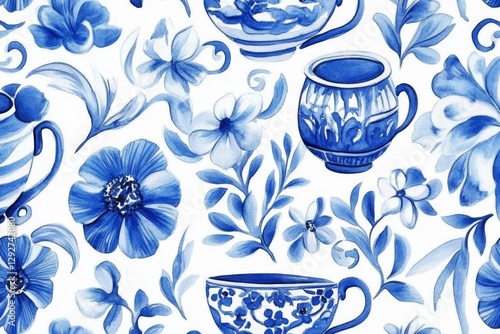 Blue Floral Teacup Watercolor Seamless Pattern, Watercolor painting, Floral design, Blue and white, Teacups, Flowers. Teacup, Watercolor