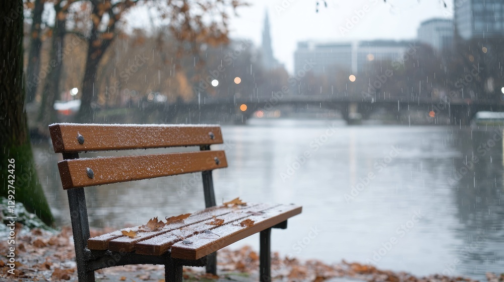 Park bench on riverbank in rainy weather
