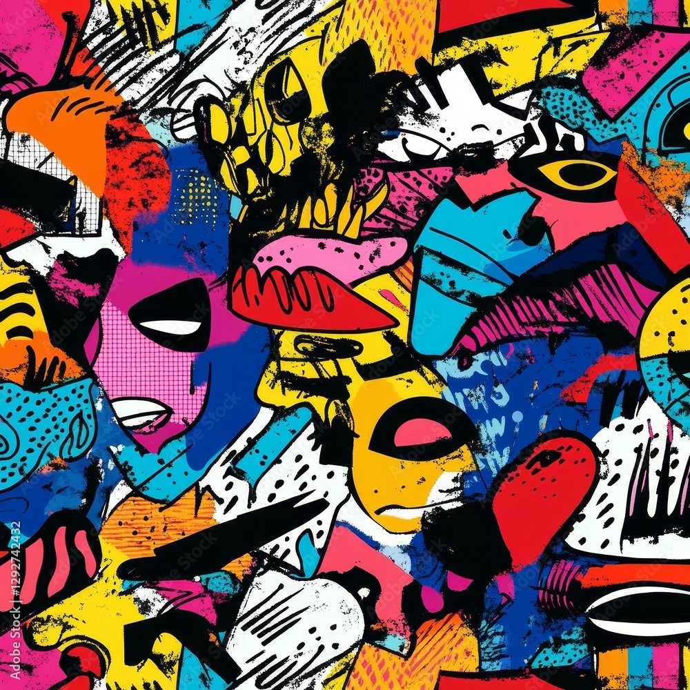 Obraz premium Abstract Pop Art Collage Vibrant, Grunge Texture, Mixed Media, Colorful Characters, Urban Street Art, Pop Surrealism Pop Art, Street Art