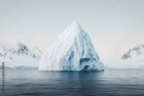 Solitary iceberg floating in cold Arctic waters with distant snow-covered mountains