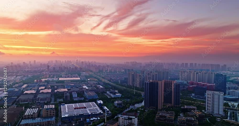 Aerial view of the cityscape during a beautiful sunrise in China Aerial view of the cityscape during a beautiful sunrise in China