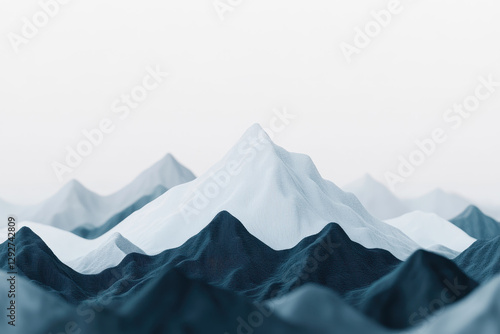 Minimalist snowy mountain range with sharp peaks under a soft white sky