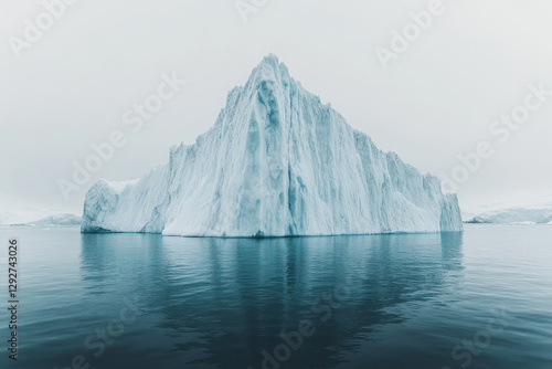 Towering iceberg in icy waters with a dramatic frozen landscape in the background