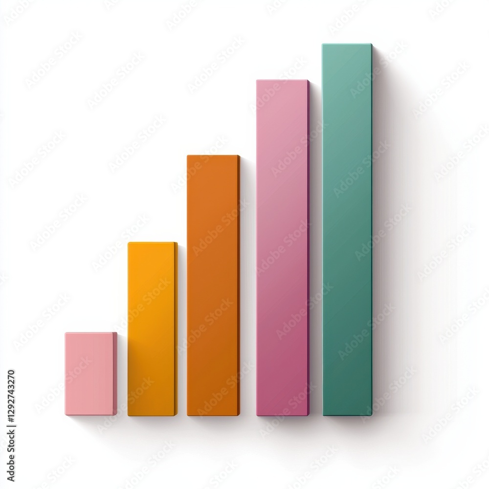 A colorful bar chart with five vertical bars, showcasing increasing heights, representing data or growth trends visually. A colorful bar chart with five vertical bars, showcasing increasing heights, representing data or growth trends visually.