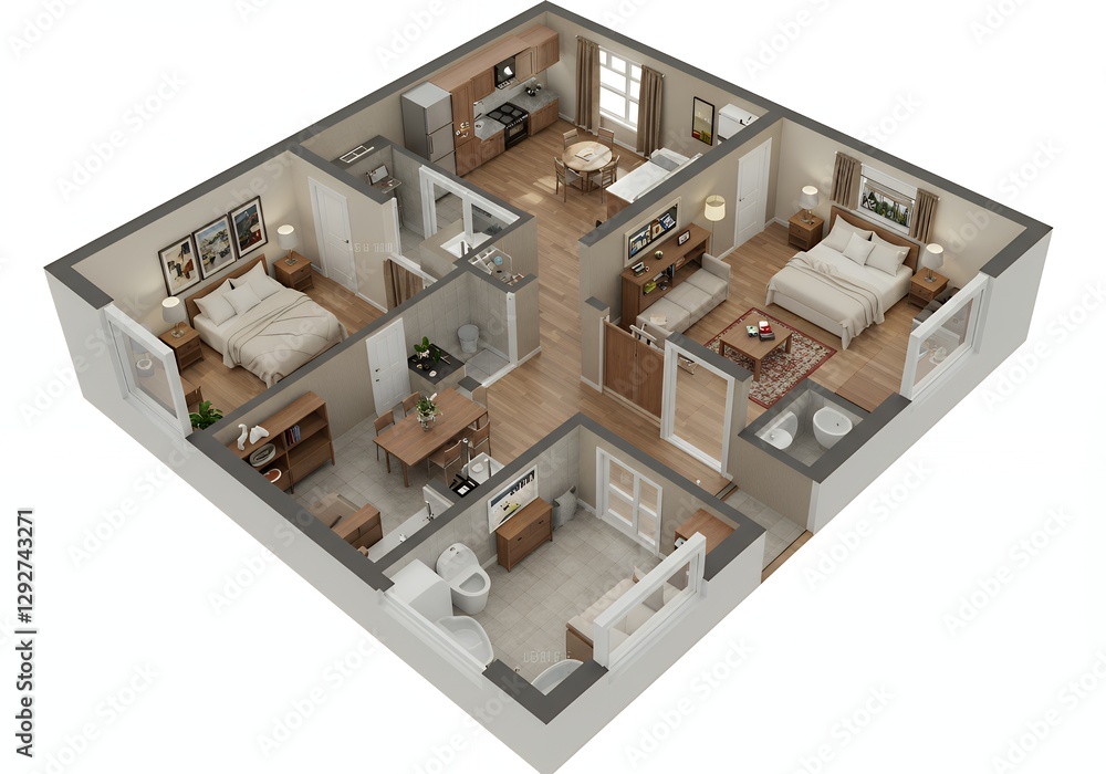 Apartment floor plan showing the layout with kitchen and bedrooms Apartment floor plan showing the layout with kitchen and bedrooms