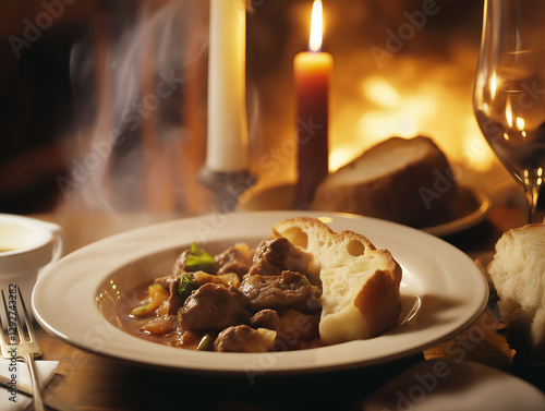 Wallpaper Mural Steaming Veal Stew with Crusty Bread in Cozy French Bistro Setting Torontodigital.ca