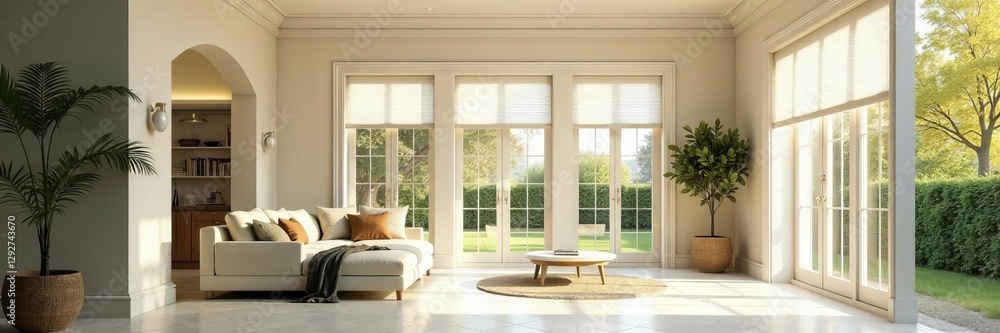 Fototapeta premium Cream house, symmetrical windows, blinds open , wall, property