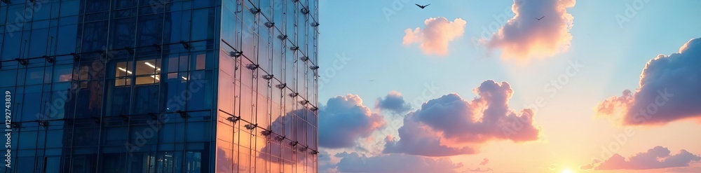 Glass skyscraper facade, blue sky, orange sunset reflection,  building,  texture