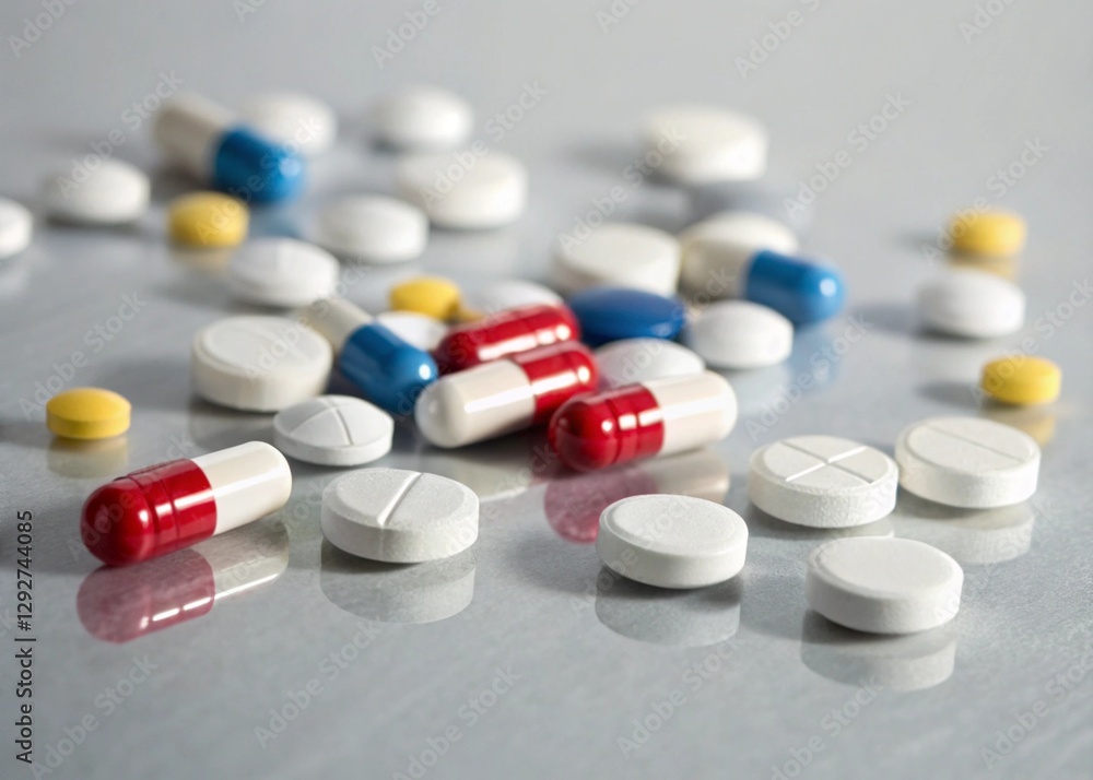 Close-Up of Handful of Pills and Capsules on Soft Fabric Surface, Neutral Background Close-Up of Handful of Pills and Capsules on Soft Fabric Surface, Neutral Background