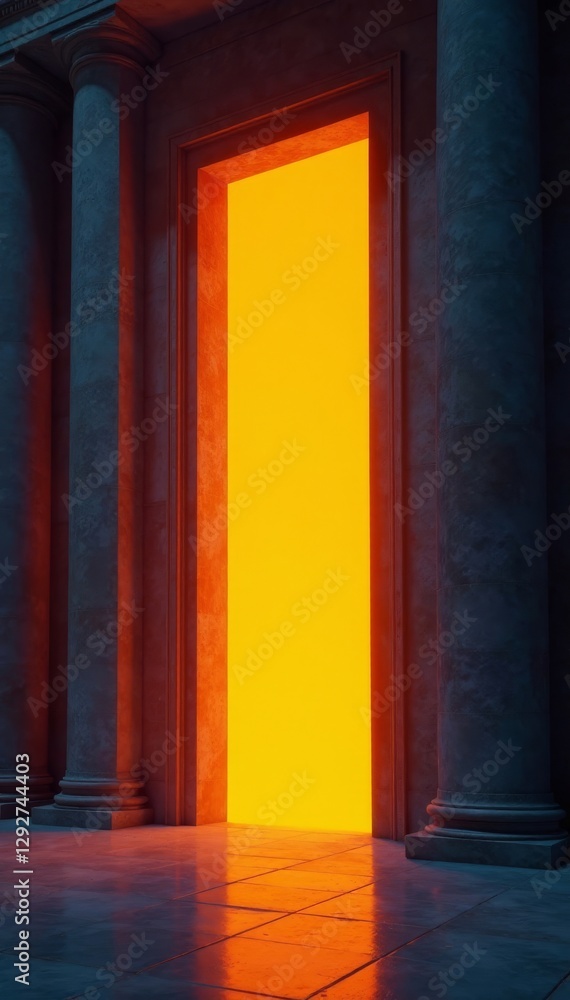 Fototapeta premium Orange light streams through imposing building entry, modern, commercial, design