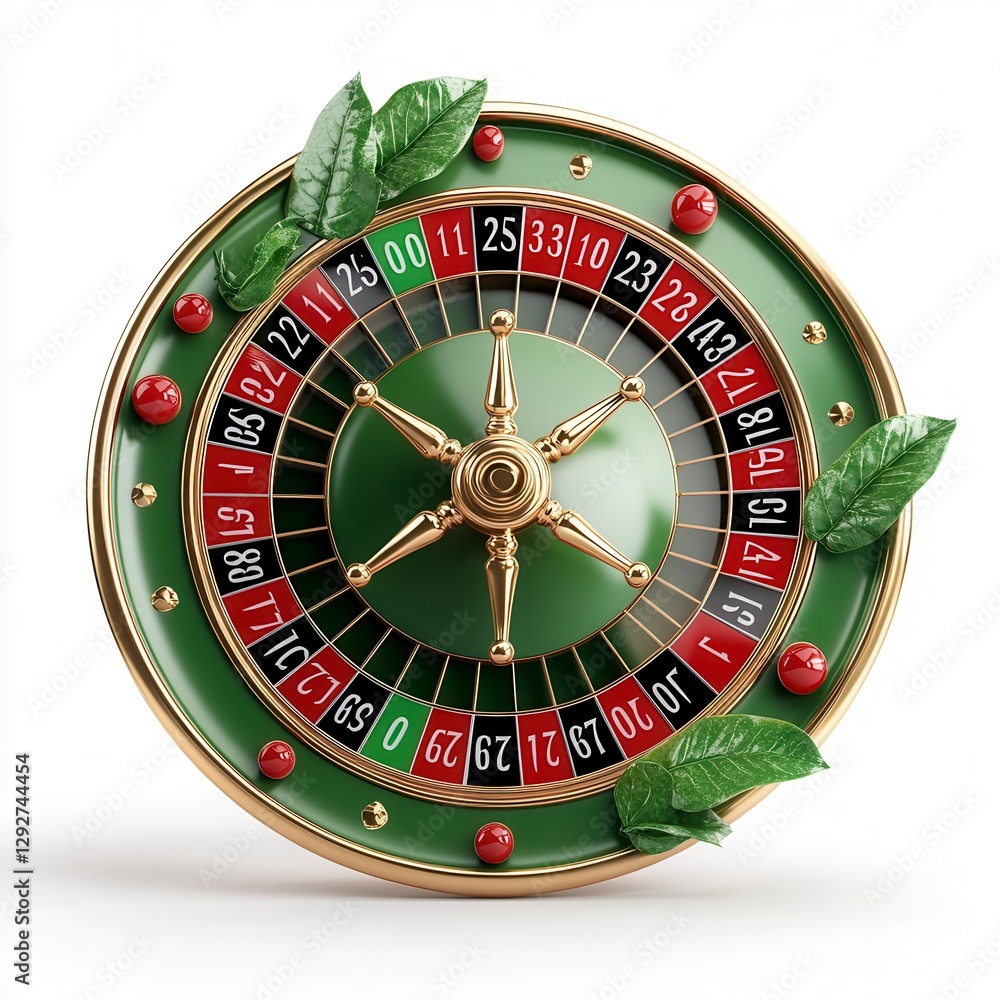 Green and Gold Roulette Wheel with Leaves on White Background Green and Gold Roulette Wheel with Leaves on White Background