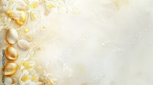  Soft pastel easter background with golden eggs and wheat for text