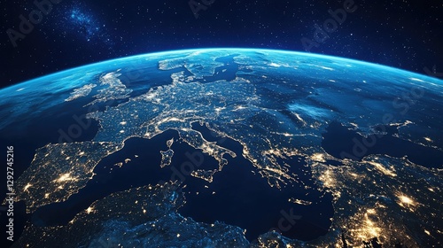 Europe at night showcasing city lights from outer space