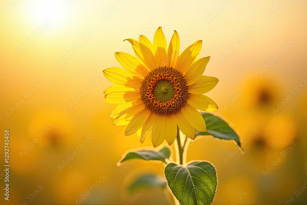 Obraz premium Golden Sunflower Blooming in Warm Sunset Light with Soft Bokeh and Gentle Breeze in a Tranquil Summer Field of Flowers
