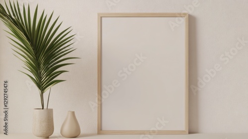3D render of a simple vertical frame mockup on a white wall, close-up, in a minimalist modern interior design style, with a beige and light green color palette.