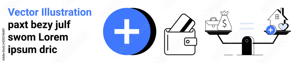 Blue medical cross symbol alongside wallet with cards and balance scale. Scale shows briefcase and money bag balanced against house and medical cross. Ideal for finance, healthcare, insurance Blue medical cross symbol alongside wallet with cards and balance scale. Scale shows briefcase and money bag balanced against house and medical cross. Ideal for finance, healthcare, insurance