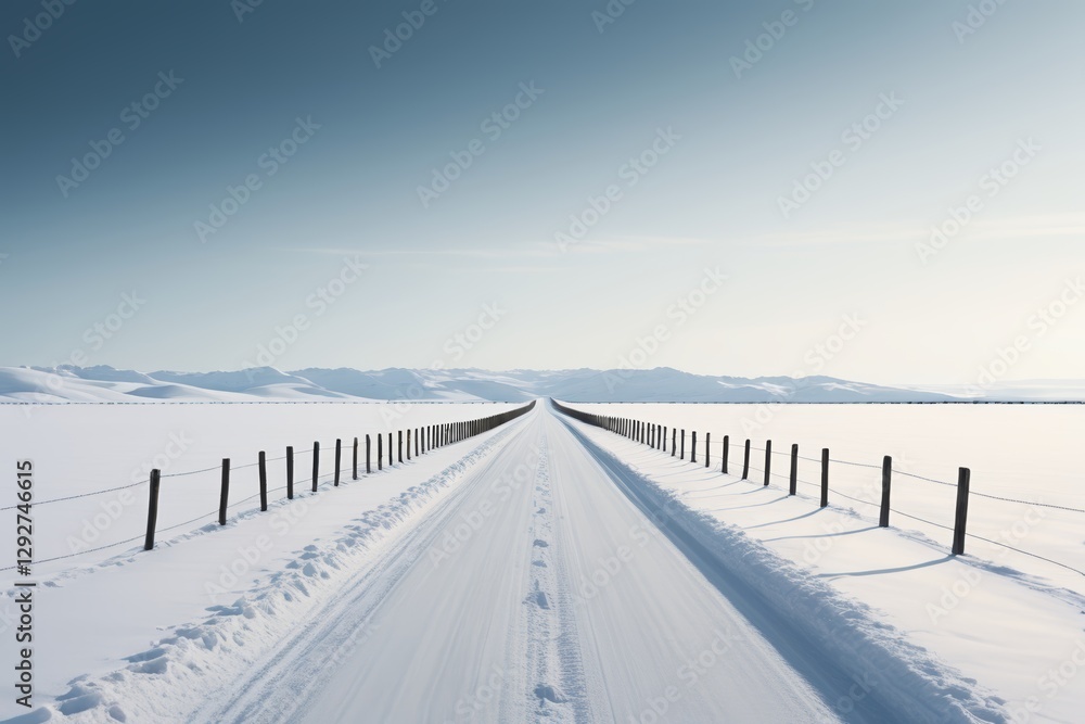 snowy road with a fence and snow covered mountains in the distance snowy road with a fence and snow covered mountains in the distance