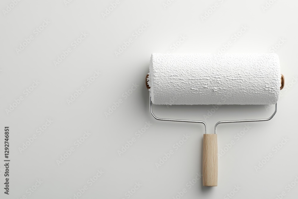 Obraz premium Home renovation work concept. Paint roller on a plain surface ready for use in home improvement projects.