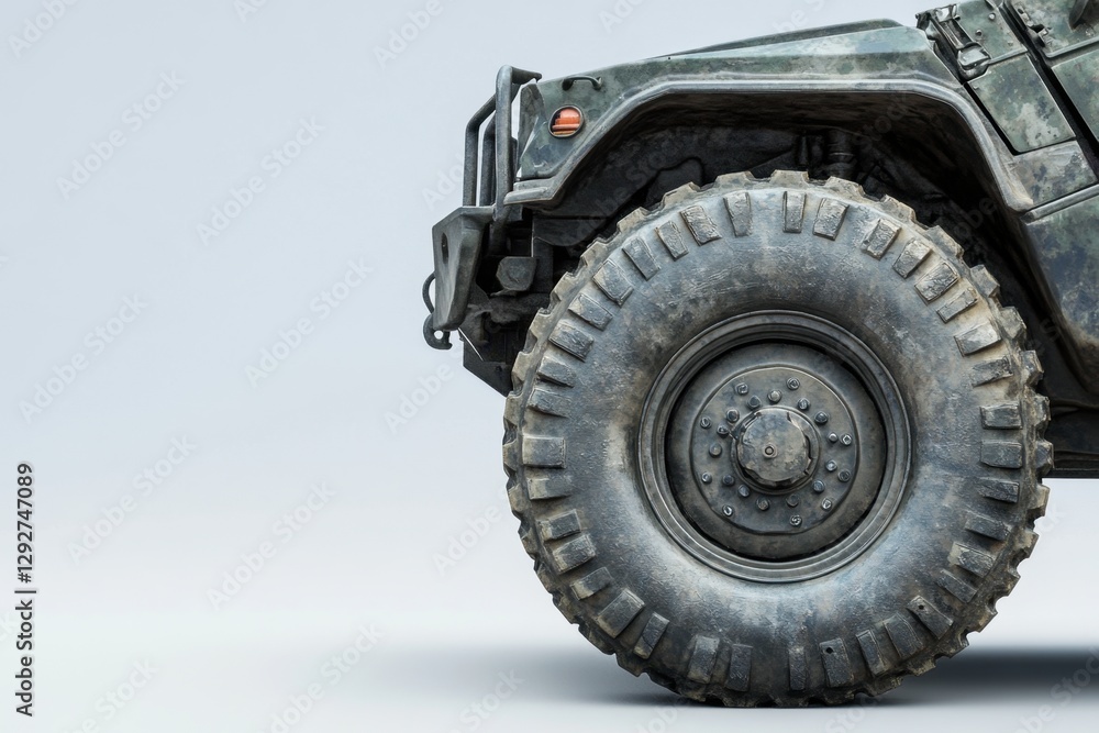 A Large Wheel and Portion of Military Vehicle Displayed A Large Wheel and Portion of Military Vehicle Displayed