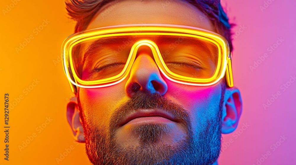 Neon Man: A vibrant portrait of a man with illuminated glasses Neon Man: A vibrant portrait of a man with illuminated glasses