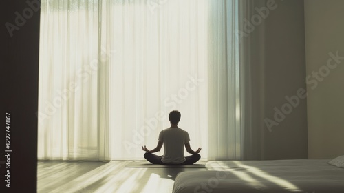 Hypertension patient practicing yoga in a tranquil, modern bedroom. Featuring mindfulness and flexibility