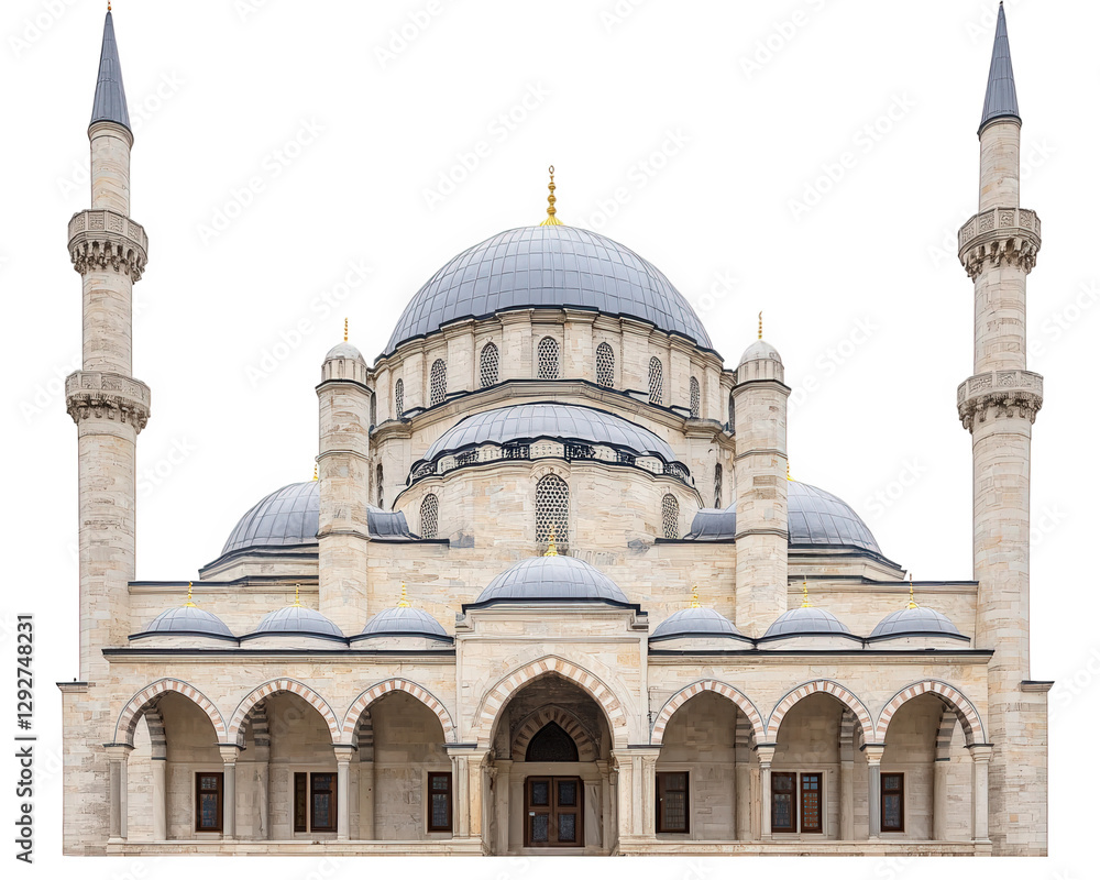 Fototapeta premium Majestic mosque with domes and minarets, showcasing intricate architecture and design. symbol of cultural heritage and spirituality, perfect for various contexts