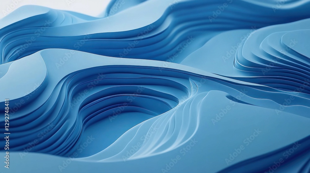 Naklejka premium Abstract Blue Landscape: A Serene Digital Artwork of Layered Waves and Undulating Forms