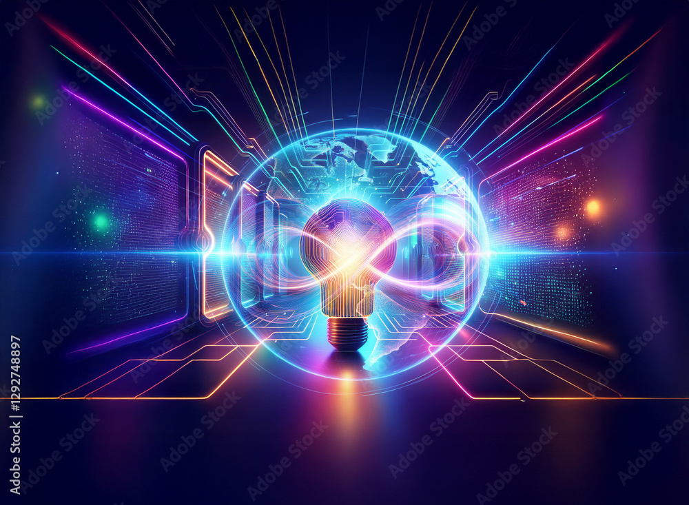 Fototapeta premium A vibrant double exposure image shows a glowing globe emitting radiant lines in a futuristic, neon-lit digital space, creating a sense of technological energy and connection.