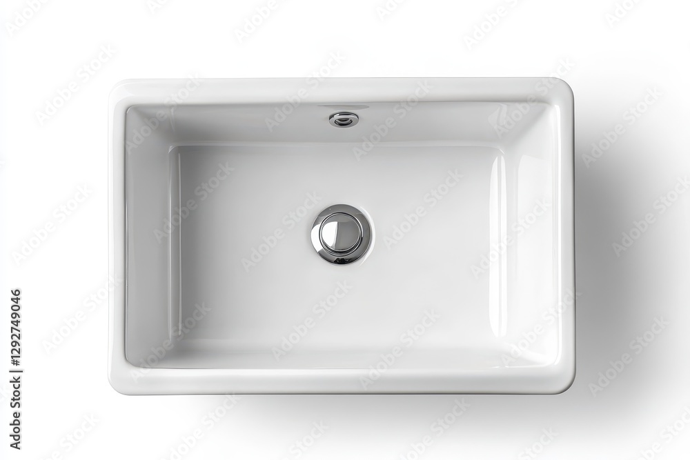 White square ceramic sink seen from above set against a white backdrop White square ceramic sink seen from above set against a white backdrop