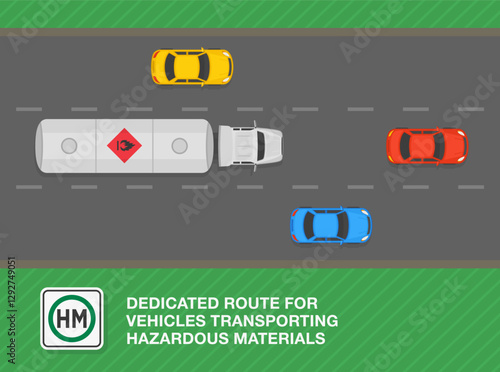 Safe driving tips and traffic regulation rules. "Hazardous materials route" road sign area. Top view of tank truck on highway. Flat vector illustration template.