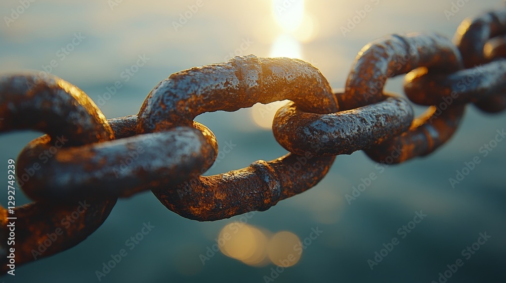 Close-up of rusty iron chain with sunlit background over water, capturing decay and strength. Industrial and maritime concept Close-up of rusty iron chain with sunlit background over water, capturing decay and strength. Industrial and maritime concept