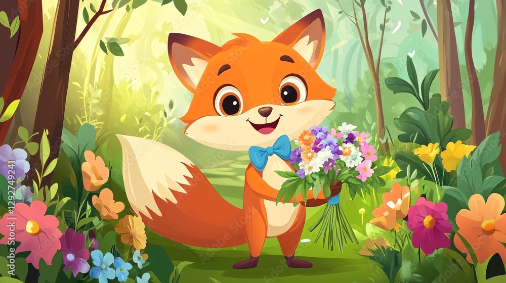 Fototapeta premium A cheerful cartoon fox wearing a bowtie and holding a bouquet of flowers in a vibrant forest