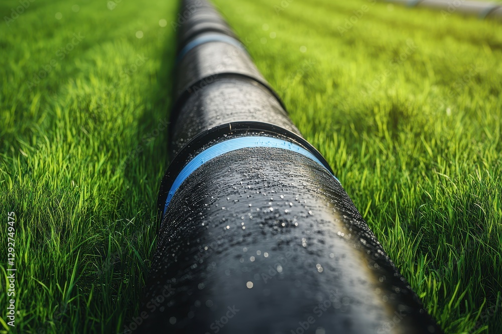 Wide outdoor water supply pipes made of plastic are on the ground Black HDPE pipes with a blue stripe rest on grass part of a water supply installation Wide outdoor water supply pipes made of plastic are on the ground Black HDPE pipes with a blue stripe rest on grass part of a water supply installation