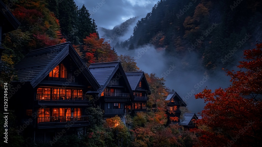 Illuminated autumnal village nestled in misty mountain valley. Illuminated autumnal village nestled in misty mountain valley.