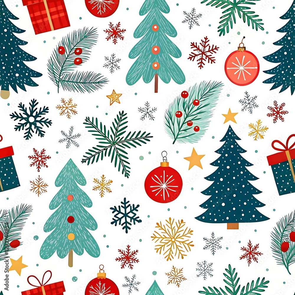 Festive christmas seamless pattern design with trees ornaments and snowflakes red art blue gold cute Festive christmas seamless pattern design with trees ornaments and snowflakes red art blue gold cute