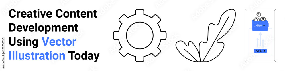 Gear, feather, and smartphone-thumbs up screen elements for innovation, creativity, tech solutions, content creation. Ideal for tech, design, education marketing startups teamwork flat landing Gear, feather, and smartphone-thumbs up screen elements for innovation, creativity, tech solutions, content creation. Ideal for tech, design, education marketing startups teamwork flat landing